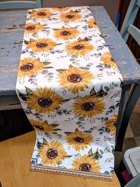 Sunflower Eucalyptus Table Runner Crochet Lace Trim, 70" x 13"